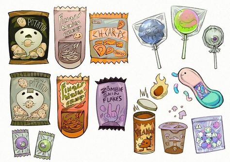 Spooky scary candy candies drawing monster food Candies Drawing, Item Illustration, Minecraft Drawings, Props Art, Inspirational Illustration, Cute Food Art, Little Doodles, Dungeons And Dragons Homebrew, Scene Design