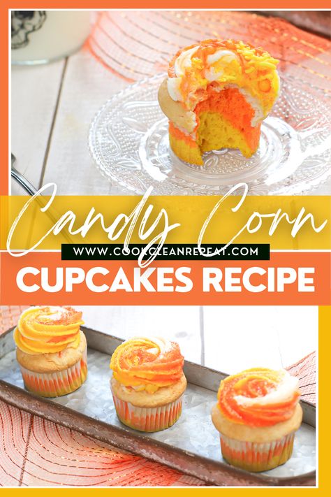 These fun and festive candy corn cupcakes are easy to make and perfect for fall! They are a great halloween treat that resemble the most controversial of holiday candies! Candy Corn Recipe, Corn Cupcakes, Homemade Icing, Holiday Candies, Candy Corn Cupcakes, Cupcake Queen, Coloured Icing, Orange Food Coloring, Gelatin Dessert