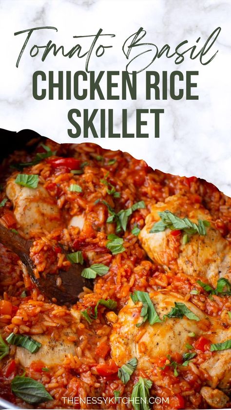 Ready in under an hour, this cooks entirely in one pan and is packed with flavor. Tender chicken is cooked along with a fluffy tomato basil rice for a weeknight dinner that the whole family will love. Tomato Basil Chicken And Rice, Tomato And Rice Recipes, Chicken Rice Tomato Recipes, Tomato Chicken And Rice, Tomato Basil Rice, Chicken And Rice Skillet, Chicken Broth Rice, Basil Rice, Shake N Bake Chicken