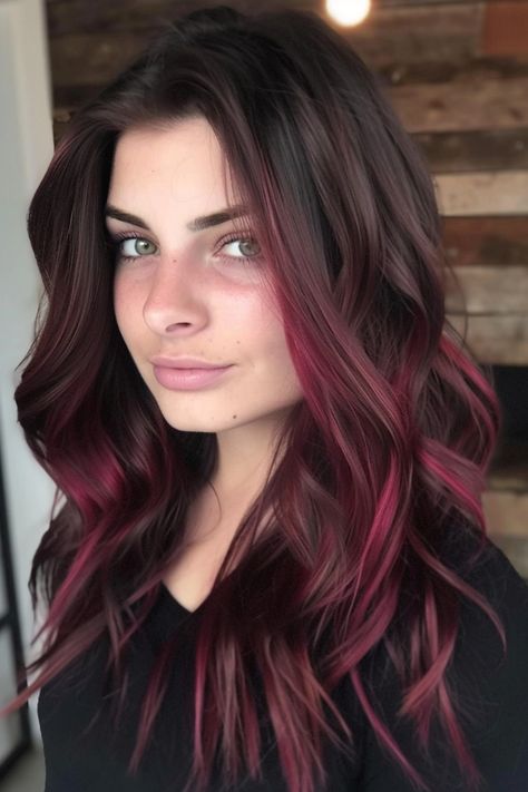 Dark Brown Red Ombre Hair, Light Brown Hair With Colorful Highlights, Maroon Highlights On Light Brown Hair, Red Underdye Hair On Brown Hair, Maroon Highlights On Brown Hair, Brown To Burgundy Hair Ombre, Brown Hair With Coloured Highlights, Burgundy And Brown Hair, Red Face Framing Highlights