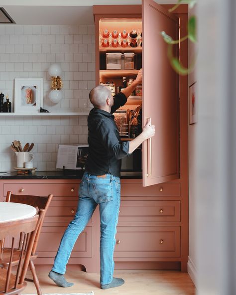 Free Standing Fridge In Kitchen, Fridge In Kitchen, Hidden Refrigerator, Hidden Fridge, Counter Depth Fridge, Pantry Lighting, Garden Unit, Inset Cabinetry, Yellow Brick Home