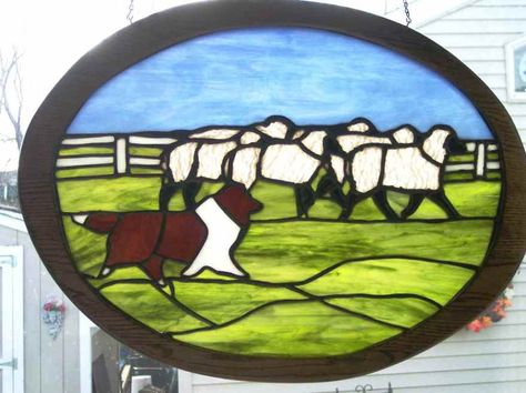 Herding Stained Glass Farm Scene, Stained Glass Patterns, Glass Window, Dog Life, Glass Design, Sheep, Stained Glass, Stain, Projects To Try