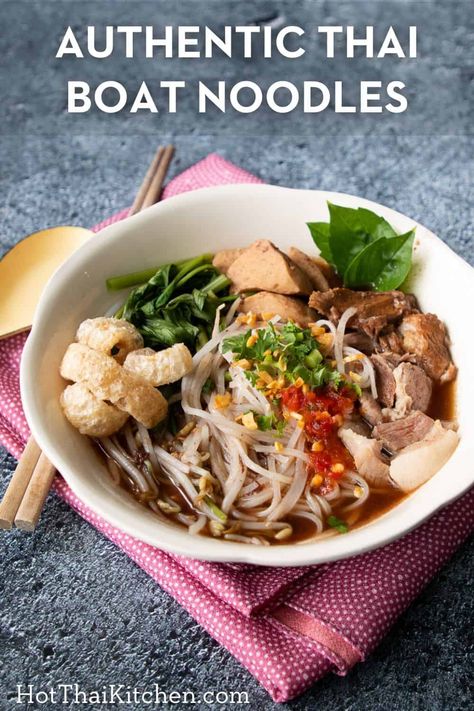 Iconic noodle soup of Thailand that packs incredible flavours and richness into one bowl. Guaranteed to taste exactly like in Thailand! Thai Pork Noodle Soup, Thai Boat Noodles, Thai Boat Noodle Recipe, Boat Noodles Thai Recipe, Boat Noodle Soup, Pork Noodle Soup, Thai Boat, Thai Salad Recipes, Boat Noodle