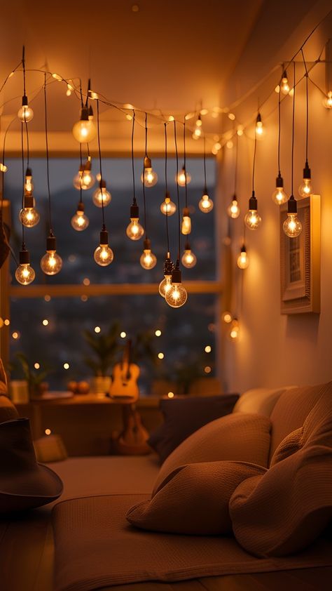 Lights Hanging From Ceiling Bedroom, Light Room Asthetics, String Lights Across Ceiling, String Lighting, Hanging Light Bulbs Bedroom, Apartment Lighting Aesthetic, Bulb String Lights Living Room, Cozy Lights, Hanging Light