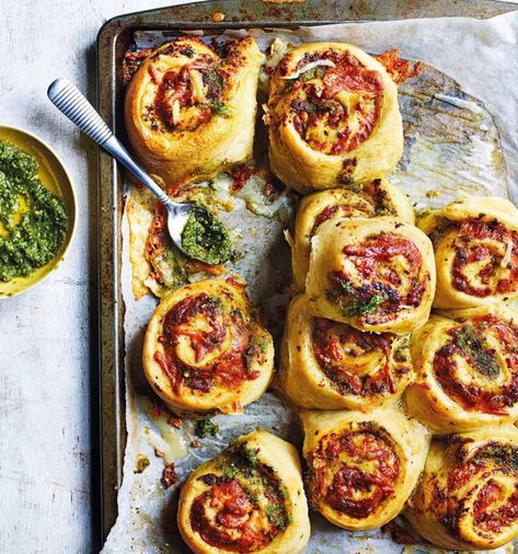 Cheese and pesto swirls recipe | Sainsbury`s Magazine Pesto Bread, Sainsburys Recipes, Pinwheel Recipes, Savoury Baking, Picnic Food, Food Magazine, A Picnic, Cookies Ingredients, Melted Cheese