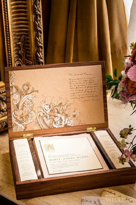 Gorgeous Wedding Invitation Suite Presented In A Beautiful Wooden Box Rococo Photography, Event Portfolio, Sareh Nouri, Box Wedding Invitations, Beautiful Wooden Boxes, House Cake, Luxury Wedding Invitations, Pearl Bridal, Birthday Dinner