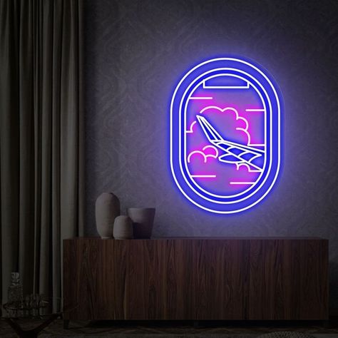 Neon Light Bedroom, Plane Window View, Gallery Party, Bedroom Neon Sign, Bedroom Neon, Neon Lights Bedroom, Plane Window, Neon Sign Wall, Neon Sign Art