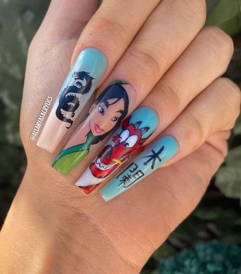 Mulan Inspired Nails, Characters On Nails, Ratatouille Nails, Mulan Nails, Nail Glow, Nails Disney, Disney Inspired Nails, Mickey Nails, Cartoon Nails