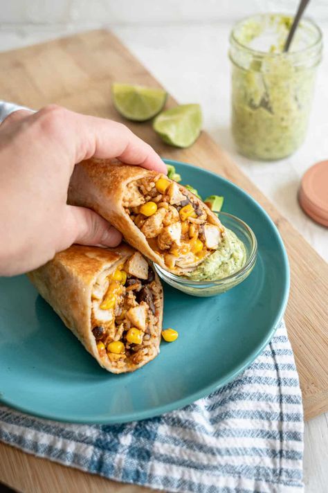 This simple chicken burrito recipe makes for a filling, healthy, and satisfying lunch or dinner anywhere and anytime. Be sure to double the batch and freeze some for later using our instructions. Make Ahead Chicken, Chicken Burrito Recipe, Burrito Recipe Chicken, Burrito Recipe, Chicken Burrito, Whole Wheat Tortillas, Simple Chicken, Chicken Burritos, Taco Seasoning