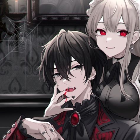 Anime Vampire Matching Pfp, Demon Matching Pfp Couple, Vampire Couple Pfp, Vampire Matching Pfp Couple, Matching Halloween Pfp For Couples, Vampire Matching Icons, Red And Black Matching Pfp, Matching Vampire Pfp, Matching Pfp Vampire