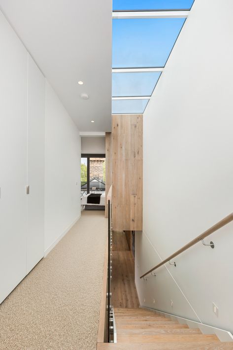 Skylight Architecture, Top Of Stairs, Skylight Design, Narrow House Designs, Staircase Remodel, Stairs Architecture, Modern Villa Design, Narrow House, Melbourne House