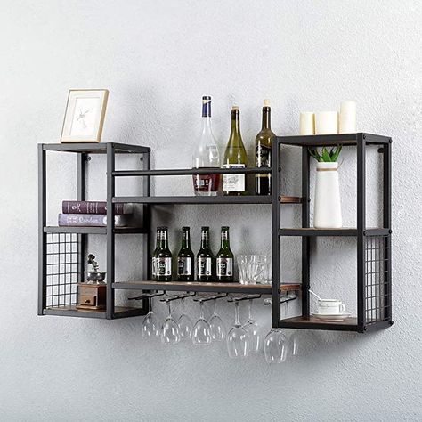 Floating Bar Shelves, Wine Bottle Holder Wall, Wood Wine Bottle Holder, Wine Glass Shelf, Metal Floating Shelves, Hanging Wine Rack, Rustic Wine Racks, Bar Shelves, Wall Mounted Wine Rack