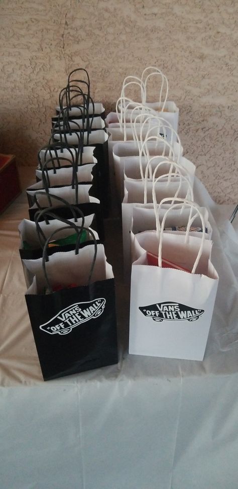 Vans off the wall  themed candy bags Vans Bday Party Ideas, Vans 1st Birthday, Vans First Birthday Party, Skater Themed Party, Vans Off The Wall Birthday Party Theme, Black And White Checkered Birthday Party, Vans First Birthday, Skateboard First Birthday, Vans Themed Party Ideas