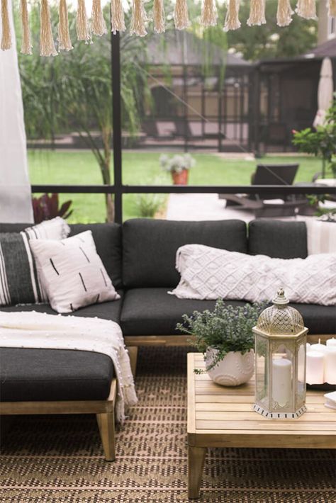 Outdoor Makeover, Black Couches, Cozy Garden, Jenna Sue Design, Jenna Sue, Hotel Lounge, Babe Cave, Patio Furniture Ideas, Outdoor Decorating