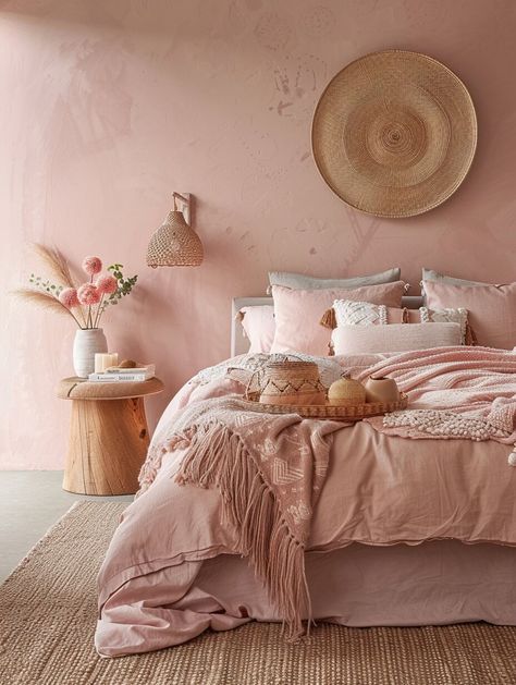 30 Bohemian Bedroom Inspirations for a Whimsical Rest - Home Made Graceful Grounded Aesthetic, Dusty Pink Bedroom, Girly Pink Bedroom, Terracotta Bedroom, Boho Chic Bedroom Decor, Bohemian Bedroom Inspiration, Earthy Pink, Pink Bedroom Walls, Pink Terracotta