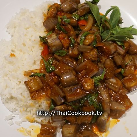 Stir-fried in our spicy, earthy, and slightly sweet roasted chili sauce, this eggplant dish makes a nice one-dish meal or a great vegetable side dish when served with other foods as part of your authentic Thai dinner. Pad Prik, Tai Food, Spicy Chili Sauce, Thai Dinner, Thai Recipes Authentic, Spicy Eggplant, Eat Thai, Vegetarian Mains, Fried Eggplant