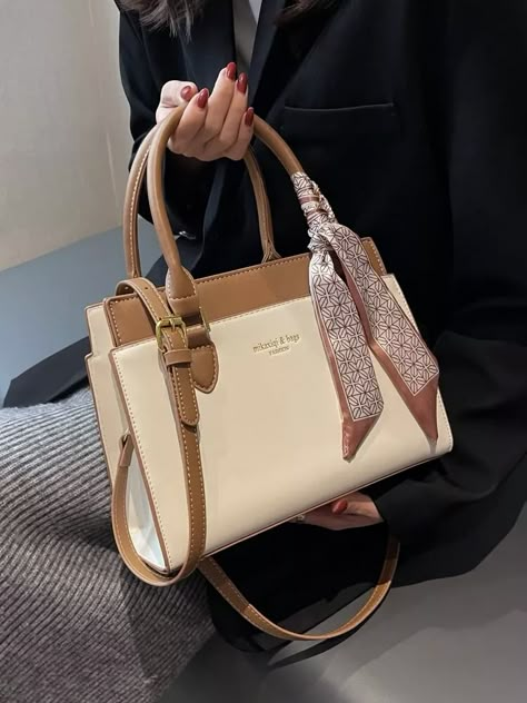 Handbags For Women Style, Classy Bags For Women, Scarf On Bag, Shein Bags, Bag With Scarf, Classy Bags, Elegant Purse, Classy Purses, Spring Purses