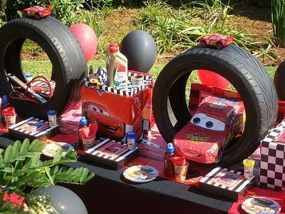 An idea for table decorations for your outdoor showing of Cars on an inflatable movie screen - Southern Outdoor Cinema expert tip for theming and enhancing an outdoor movie event. Cars Themed Birthday Party, Car Table, Disney Cars Party, Cars Birthday Party Disney, Disney Cars Birthday, 5 Birthday, Car Birthday Theme, Cars Disney, Cars Theme Birthday Party