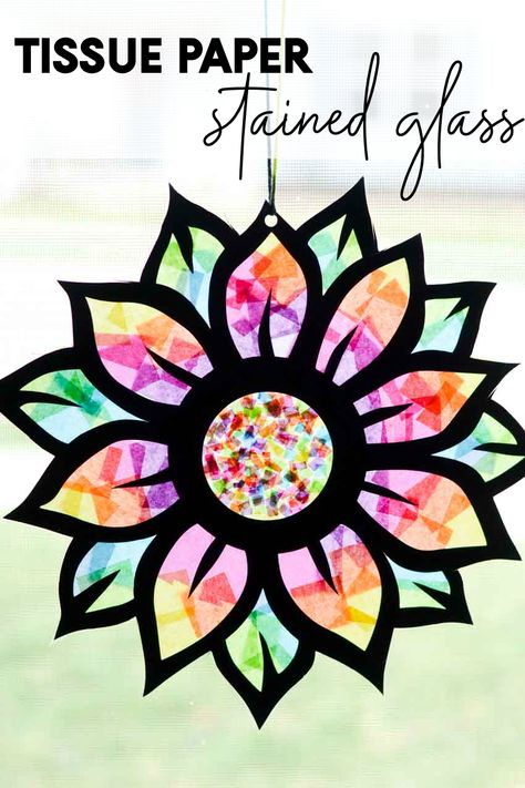 Tissue Paper Stained Glass Flower Craft Paper Sun, Tissue Paper Art, Stained Glass Flower, Tissue Paper Crafts, Window Crafts, Paper Flower Crafts, Flower Craft, Wall Hanging Crafts, Stained Glass Flowers