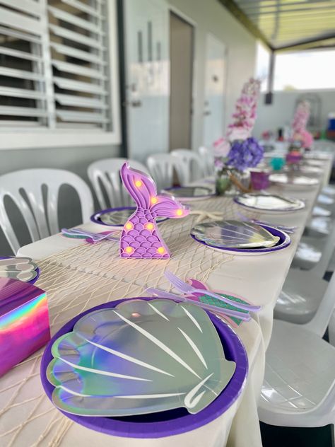 Mermaid Theme Table Decor, Mermaid Table Set Up, Mermaid Brunch, Under The Sea Table Decorations, Mermaid Party Table Runner, Wooden Mermaid Table, Pink Purple Mermaid Party, Mermaid Table, Grey Bed