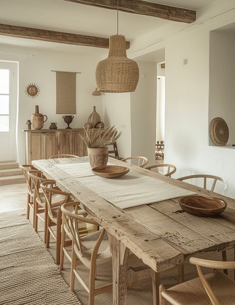 Essential modern boho dining room elements/ natural wood and rattan furniture Modern Boho Dining Room, Boho Dining Table, Wooden Dining Table Rustic, Dining Room Trends, Wood Kitchen Table, Farmhouse Dining Room Ideas, Neutral Dining Room, Mediterranean Interior Design, Mismatched Dining Chairs