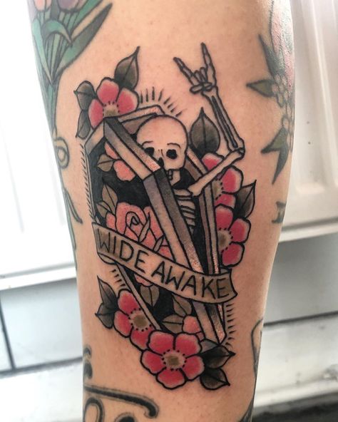 Neo Traditional Coffin Tattoo, Coffin Tattoo Traditional, Small Neo Traditional Tattoo, Traditional Tattoo Coffin, Gravestone Tattoo, Trad Sleeve, Traditional Tattoo Arm, Coffin Tattoo, Traditional Tattoo Inspiration