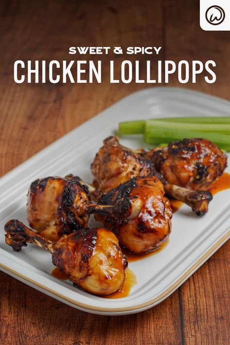 Sweet & Spicy Chicken Lollipops Lollipop Chicken Recipe, Lollipop Wings, Chicken Lollipops Recipe, Lollipop Chicken, Lollipops Recipe, Sweet Spicy Chicken, Chicken Lollipop, Soy Glaze, Sous Vide Chicken