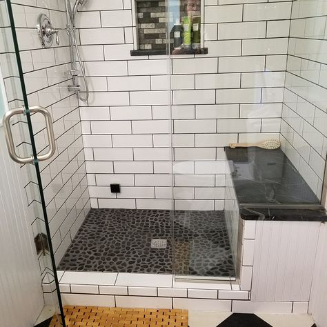 Black River Rock Shower Floor, Black Rock Shower Floor, Black Stone Shower Floor, Rock Floor Shower Tile, Shower With Black Floor, Black And White Shower Tile Ideas, 1950 Bathroom, Terracotta Bathroom, Rock Floor