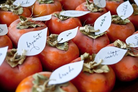 persimmons place card | edible place cards Edible Place Cards, Holiday Place Cards, Candle Table Decorations, Thanksgiving Table Settings, Family Thanksgiving, Wedding Menu Cards, Etsy Wedding, Wedding Dinner, Mason Jar Diy