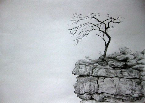 Related image Nature Stencils, Rocky Cliff, Drawing Rocks, Landscape Pencil Drawings, Drawing Scenery, Tree Drawings Pencil, Graphite Art, Drawing Ideas Easy, Dead Tree