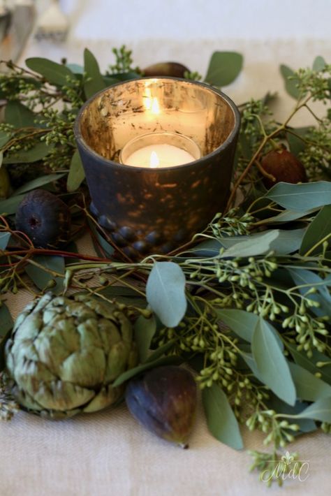 thanksgiving table mercury votives figs artichokes and eucalyptus Mercury Votives, Cozy Thanksgiving, Thanksgiving Entertaining, Candle Candelabra, Fall Picnic, Fall Dinner Party, Colors Of Fall, Fall Table Settings, Autumn Table