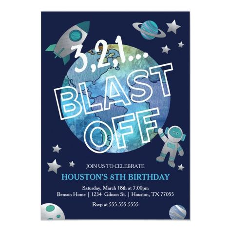 Space Birthday Invitation Outer Space Birthday Invitations, Modern Birthday Party, Space Watercolor, Space Birthday Invitation, Astronaut Birthday, 18th Birthday Cards, Outer Space Birthday, Space Birthday Party, Galaxy Background