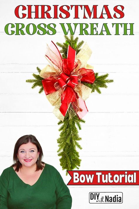 Christmas CROSS WREATH DIY Evergreen Holiday Dollar Tree Wreath Form | Layered Ribbon BOW TUTORIAL Christmas Cross Wreath, Cross Wreath Diy, Dollar Tree Wreath, Ribbon Bow Tutorial, Cross Christmas Tree, Cross Wreath, Christmas Mesh Wreaths, Dollar Tree Christmas, Tree Wreath