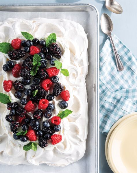 Sheet Pan Pavlova with Lavender Berries Sheet Pan Pavlova, Lavender Simple Syrup, Meringue Desserts, Dinners Recipes, Culinary Lavender, Sheet Pan Dinners Recipes, Pavlova Recipe, Recipe Sheets, Lemon Coconut