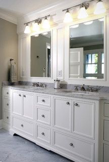 Double mirrors over vanity; placement of outlets Vanity Outlet Placement, Houzz Bathroom, Outlet Placement, Vanity Backsplash, Traditional Bathroom Designs, Master Bath Vanity, Beadboard Backsplash, Vanity Design, Bathroom Light Fixtures