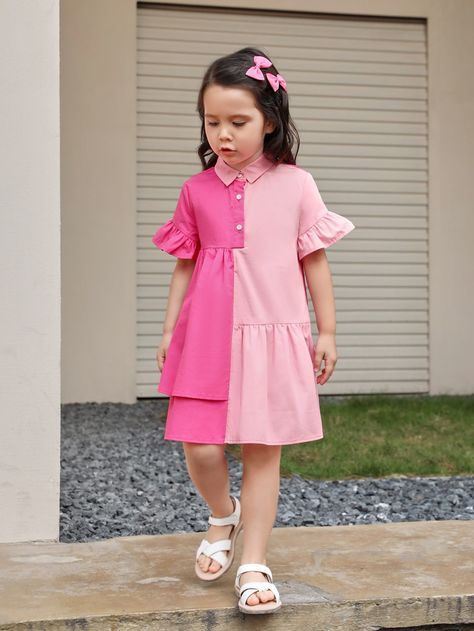 Pink Cute Collar Short Sleeve Woven Fabric Colorblock Shirt Embellished Non-Stretch  Young Girls Clothing Colorblock Shirt, Kids Dress Collection, Shein Kids, Children Wear, Fashion Baby Girl Outfits, Tas Fashion, Kids Fashion Dress