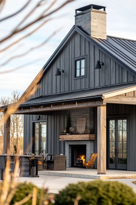 ♥ Looking for inspiration for your dream barndominium? Explore these modern and affordable barndominium ideas with a stylish black exterior and open floor interior design. Whether you prefer rustic or farmhouse style, this collection has something for everyone. 🏡🌿 #barndominiums #barndominiumideas #modernbarndominium #rusticbarndominium #farmhousestyle Black Farmhouse Interior Design, Barndominium Addition To House, Unique Exterior Design, Farmhouse Garage Interior, Modern Farmhouse Exterior Black, Barndo Exterior Color Schemes, Interior Design Barndominium, Farmhouse Exterior Black, One Story Barndominium Ideas Exterior