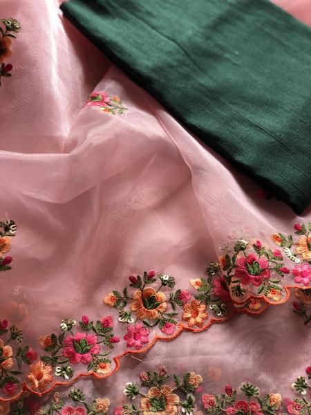 Embroidered organza saree with blouse Organza Saree With Blouse, Raw Silk Blouse, Cutwork Saree, Embroidery Suits Punjabi, Saree Floral, Peach Colour, Embroidered Sarees, Hand Embroidery Dress, Saree Embroidery Design