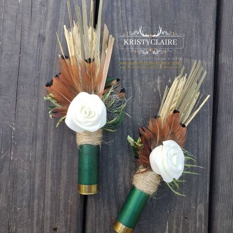 "Custom Order For Amy! ✨️ Thank You! 😊 \nGreen Shotgun Shell Boutonnieres With Burgundy & White Foam Flowers 😍 \nWWW.KRISTYCLAIRE.ETSY.COM \nVVV\nShotgun Shell Boutonnieres Available Here:\nwww.kristyclairefloraldesign.com" Shotgun Shell Boutonniere Diy, Shell Boutonniere, Deer Taxidermy, Mens Boutonniere, Diy Boutonniere, Feather Boutonniere, Vowel Renewal, Bullet Shell, Hubba Hubba