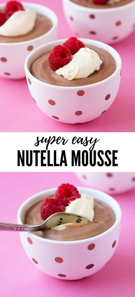 Easy Nutella Chocolate Mousse made with just a handful of ingredients. This easy no bake dessert can be made ahead of time, so it's perfect for entertaining. It's gluten-free and egg-free too. Recipe from sweetestmenu.com #mousse #chocolate #nutella Nutella Mousse, Nutella Cookie, Dessert Mousse, Nutella Desserts, Healthy Recipes Easy Snacks, Easy No Bake, Nutella Recipes, Chocolate Nutella, Easy No Bake Desserts