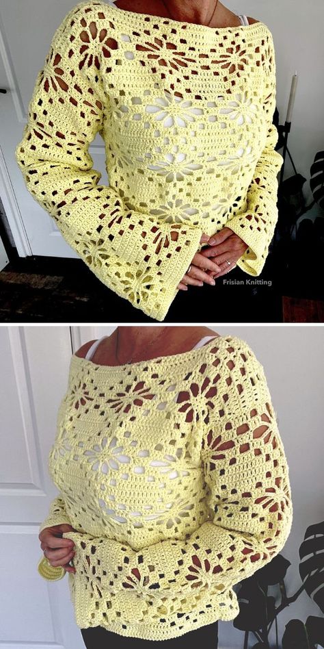 Delightful Spring Floral Crochet Tops - Free Patterns Women's Crochet Tops Free Patterns, Crochet Flower Sweater Pattern Free, Crochet Tunic Pattern Free For Women, Crochet Flower Top Pattern Free, Free Crochet Top Patterns For Women, Crocheted Shirts, Crochet Tunic Free Pattern, Crochet Spring Top, Spring Crochet Ideas