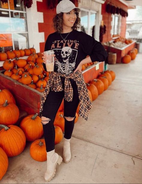 Rocker Fall Fashion, Salem Outfits Winter, Womens Rock Outfits, Trendy Rocker Outfits, Halloween Mom Outfit, Burnt Orange Corduroy Jacket Outfit, Casual Fall Festival Outfit, Salem Outfits Fall Casual, Band Tshirt Outfit Fall