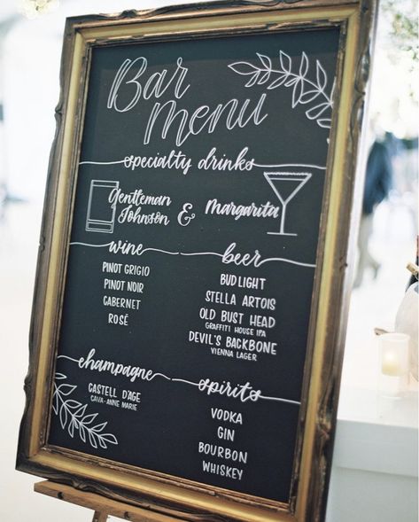 Chalk Drink Menu Board Ideas, Drink Menu Chalkboard, Bar Menu Chalkboard, Menu Board Diy, Chalkboard Bar, Wedding Chalk, Happy Hour Menu, Bar Signage, Mary Rose