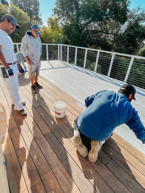 Staining the Deck - Before and After - KristyWicks.com Deck Makeover Before And After, Deck Stain Before And After, Tugboat Stain Behr, White Deck Stain, Stained Deck Ideas, White Pool Deck, Redwood Deck Stain, Grey Deck Stain, Cedar Deck Stain