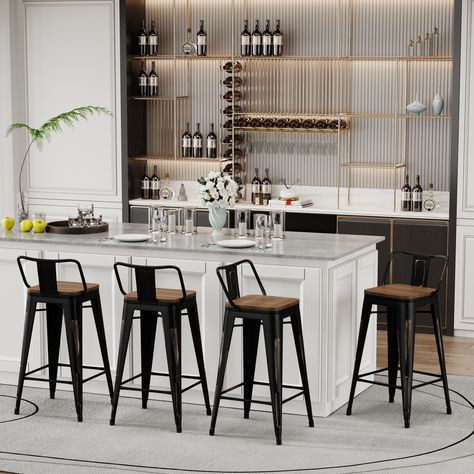 Counter and Bar Stools Two Tier Bar Counter, Bar To Counter Height, Freestanding Bar With Seating, Antique Modern Counter Seating, Basement Wet Bar Table & Stools, Home Goods Furniture, Basement Furniture, White Counters, Bar Stools With Backs