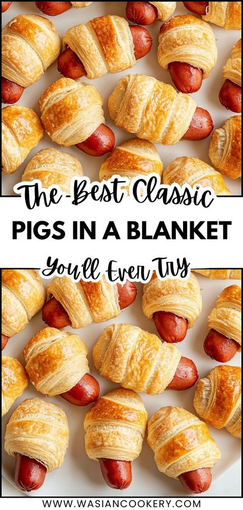 Pigs in a blanket on a serving plate, ideal for Christmas and family gatherings. Best Pigs In A Blanket Recipe, Bite Size Appetizers Easy, Pigs In A Blanket Recipe, Christmas Party Snacks, Best Christmas Appetizers, Christmas Appetizers Easy, Holiday Snack, Party Snacks Easy, Appetizers For Kids