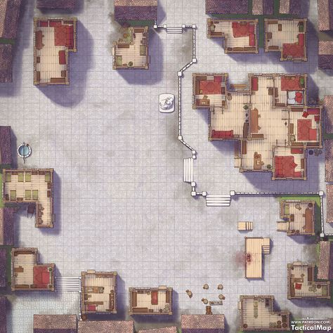 The spacious square is perfect for a major decisive battle in the city center. Be careful, rumor has it that the mayor has scrolls of mass defeat spells! If you like this battle map, check my Patreon. https://www.patreon.com/tacticalmap Pen And Paper Games, Fantasy City Map, Casa Anime, Dnd World Map, Building Map, Architecture Drawing Sketchbooks, Battle Map, Tabletop Rpg Maps, Map Pictures