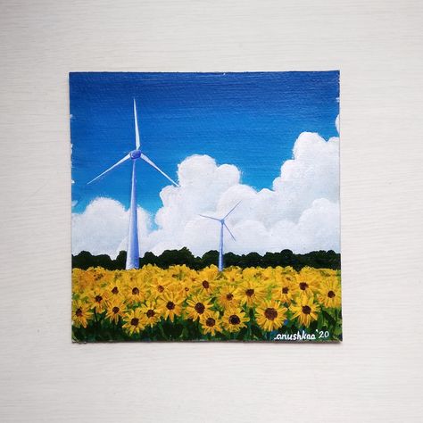 Sunflower Field Painting Easy, Acrylic Painting Easy, Drawing Workshop, Beach Art Painting, Butterfly Art Painting, Autumn Illustration, Painting Easy, Sunflower Field, Small Canvas Art