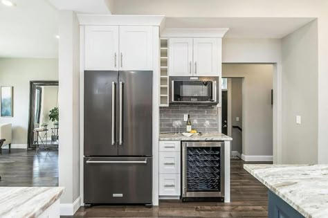 Refrigerator Oven Microwave Wall, Microwave And Wine Fridge Cabinet, Kitchen Refrigerator Placement, Refrigerator Placement In Kitchen, Microwave Placement In Kitchen, Bar With Wine Fridge, American Kitchen Design, Kitchen Built In, Beverage Bar