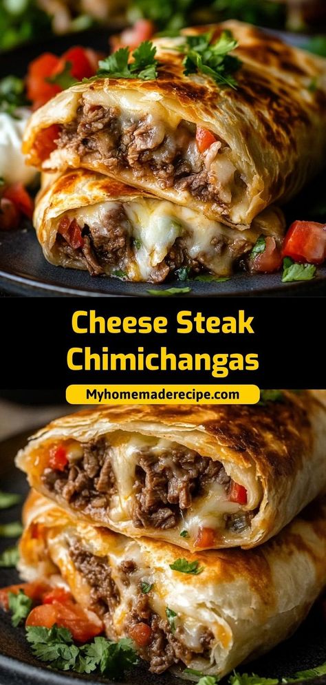 These Cheese Steak Chimichangas are a crispy, cheesy take on the classic Philly cheesesteak. Stuffed with beef, peppers, and cheese, they’re fried to golden perfection. Ingredients: 1 lb thinly sliced beef 1 cup shredded provolone cheese 1 bell pepper, sliced 4 flour tortillas A crispy, cheesy twist on a classic favorite—perfect for dinner or a fun snack